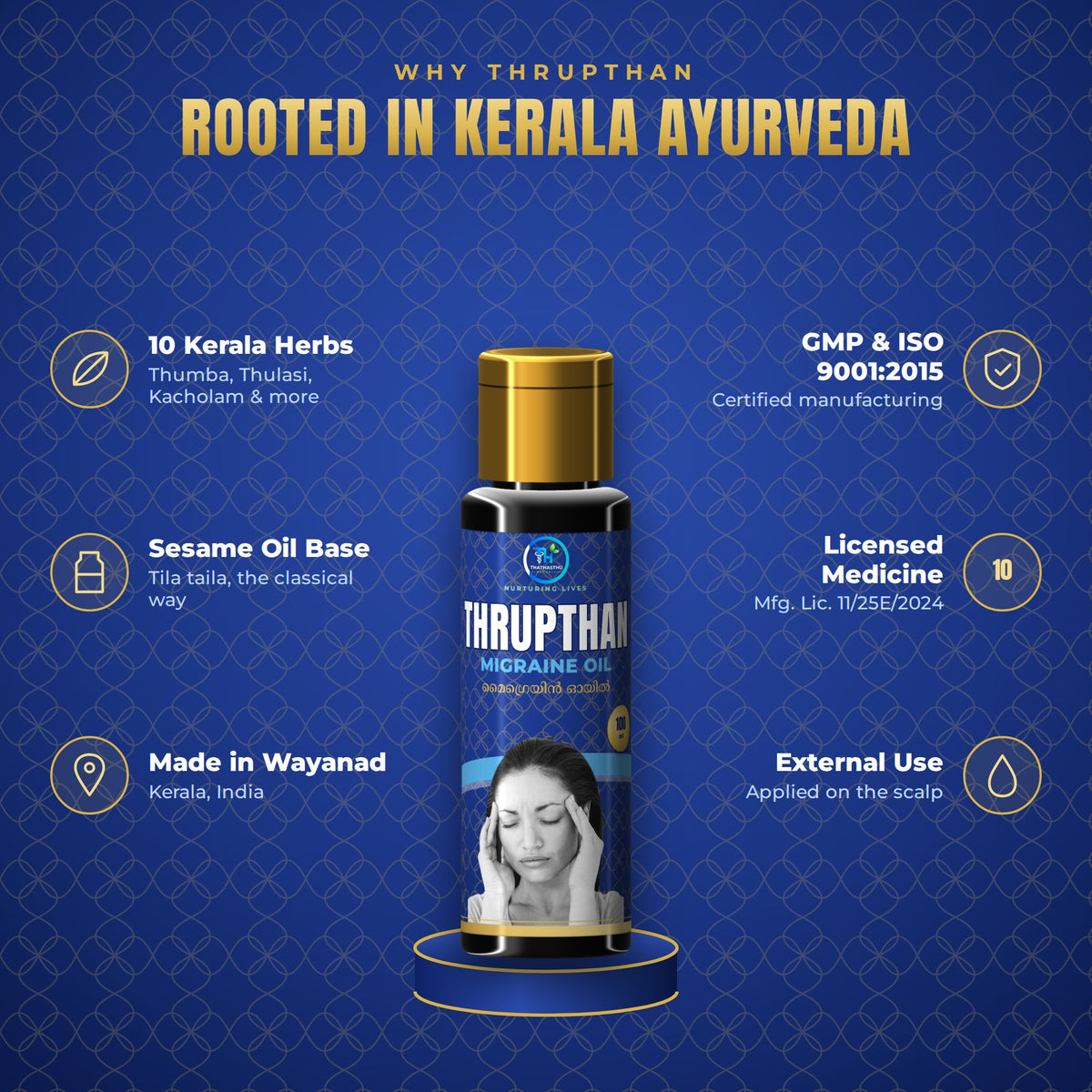 Thrupthan Migraine Oil - Kerala Ayurvedic Head Oil, 100ml