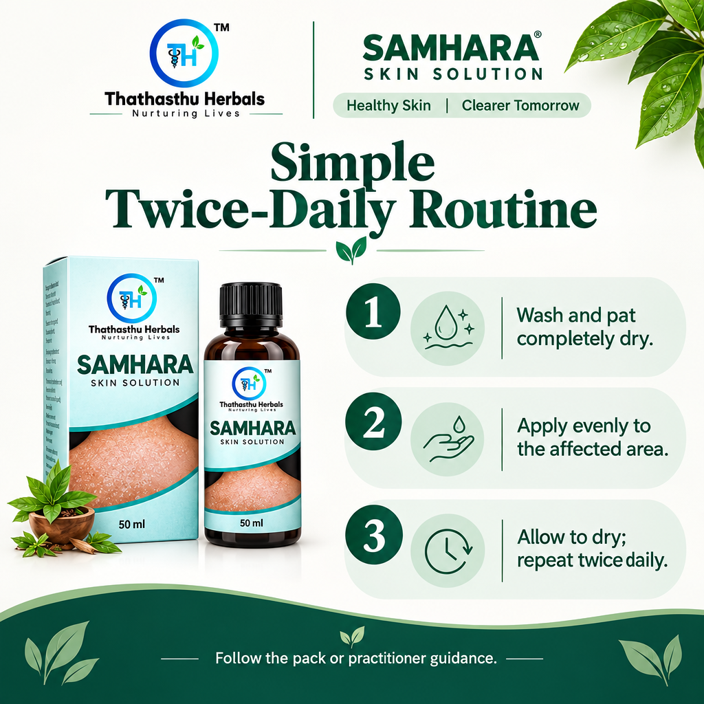 Three-step twice-daily routine for applying Samhara Skin Solution