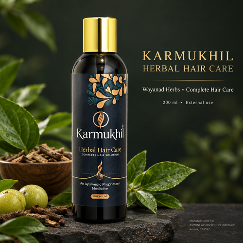 Karmukhil Herbal Hair Care 200 ml bottle with Wayanad herbs in a premium dark green and gold setting