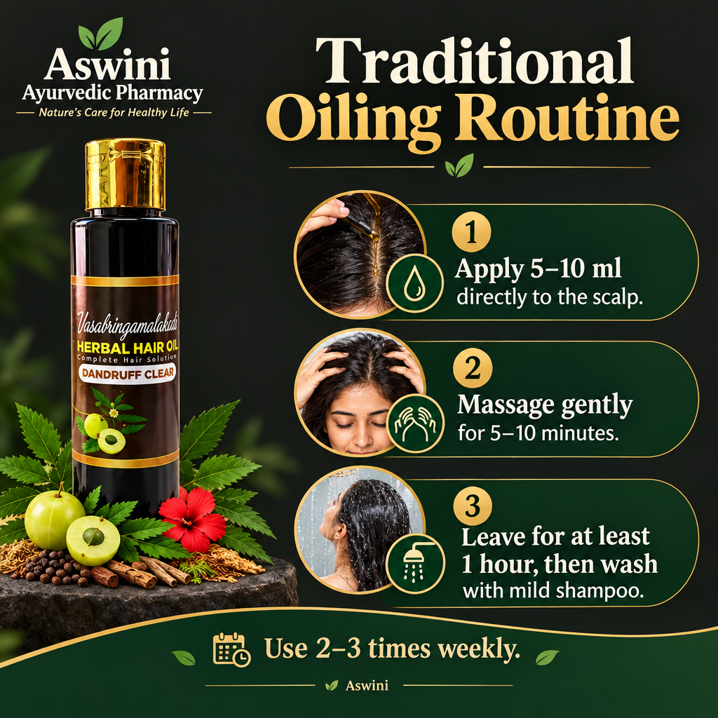 Three-step traditional oiling routine for Vasabringamalakadi Herbal Hair Oil