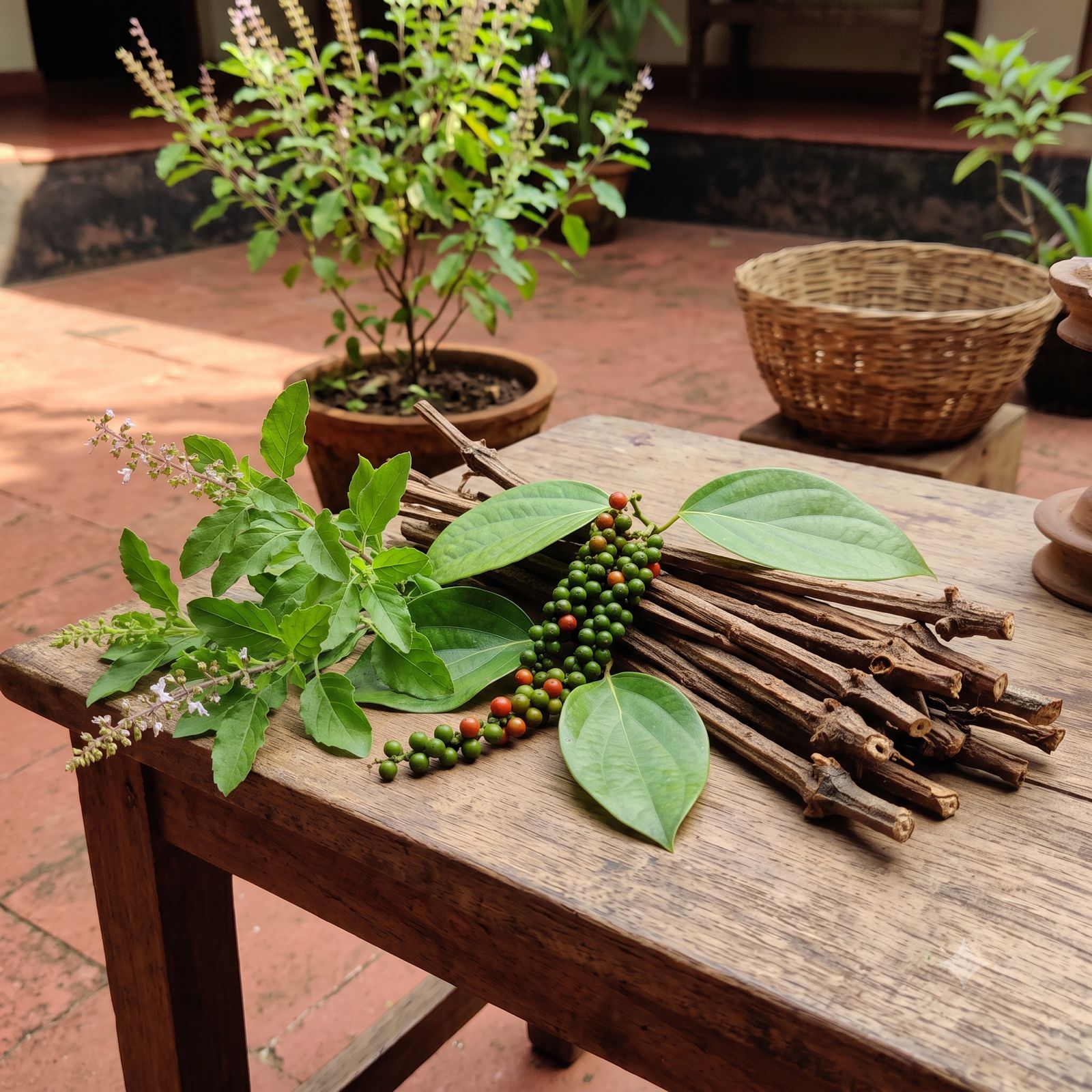 തുളസി, കുരുമുളക്, പ്ലാവിലഞെട്ട് — Ayurvedic herbs